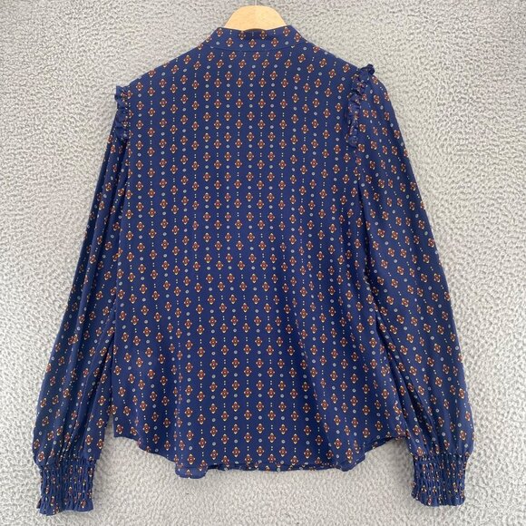 A Loves A Top Womens Medium Navy Multi Pattern Silk Button Long Balloon Sleeve - Picture 3 of 10